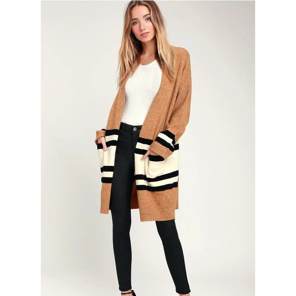 Lulu Size Large Savannah Light Brown Striped Cardigan Sweater - Picture 1 of 14
